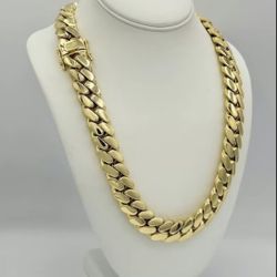 18mm Width Soild Stainless Steel Cuban Maimi Link Chain Necklace,14k Gold Plated Necklace for Men Women