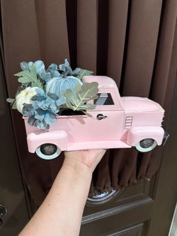 Pink Metal Vintage Truck Decor with Florals and pumpkins