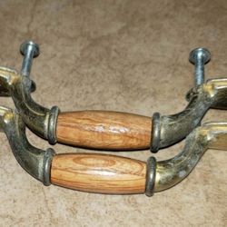 X2 VINTAGE WOOD BRASS CABINET DRAWER HANDLE PULL KNOB HARDWARE DECOR