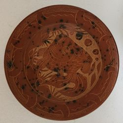 Antique Redware Handcrafted & Decorated Etched Clay Earthenware Bowl