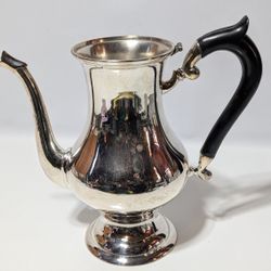 Vintage 9in Silver Plated Coffee Pot with Curved Spout and Black Bakelite Handle

