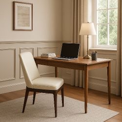 Ivory Faux Leather Accent Chair – Dark Wood Frame
