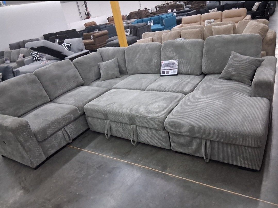 4pcs Sectional Sofa w/sofa & chaise storage,pulloutbed & USB connection 