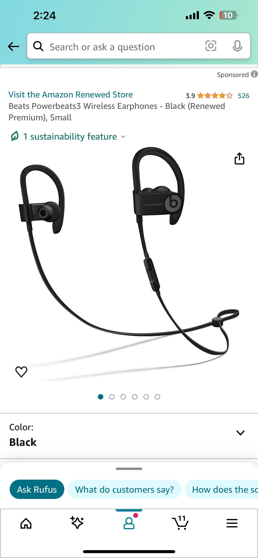 Beats Powerbeats3 Wireless Earphones - Black (Renewed Premium), Small