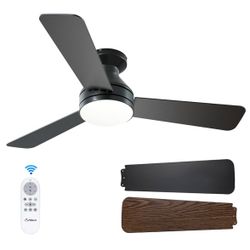 Amico Ceiling Fans with Lights, 42 inch Low Profile Ceiling Fan with Light and Remote Control, Flush Mount, Reversible, 3CCT, Dimmable, Noiseless, Bla
