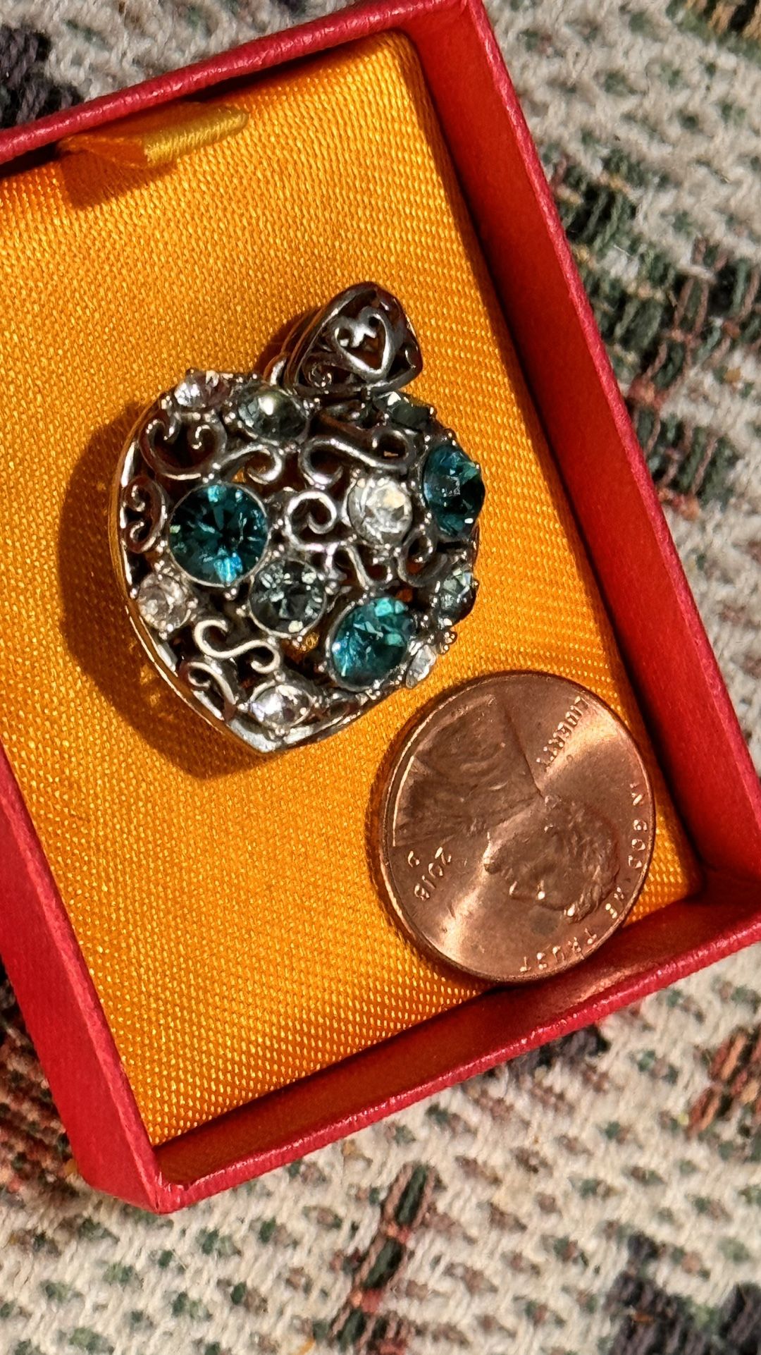 Heart locket pendant with blue & white crystals
