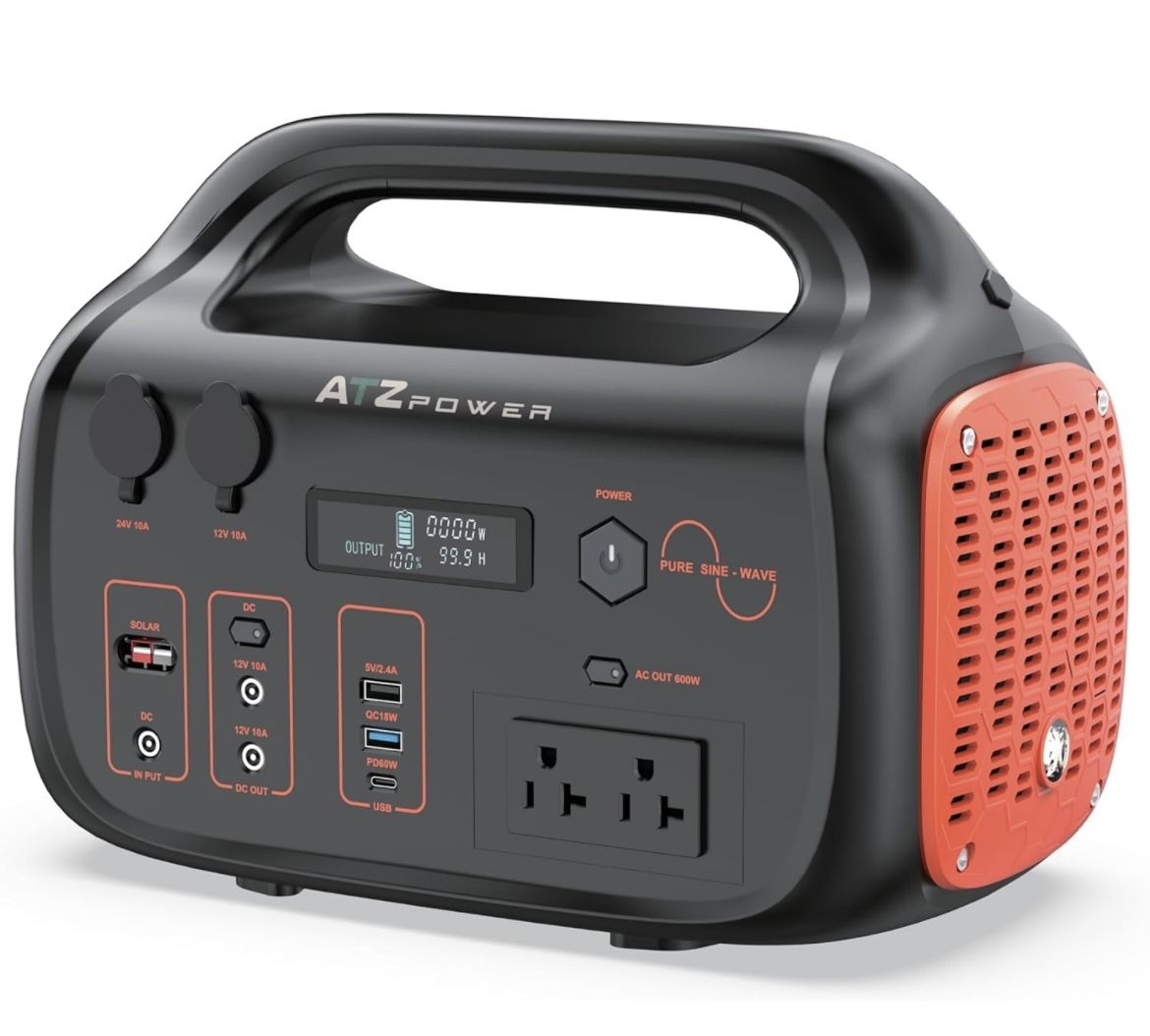 ATZ POWER Portable Power Station 600W，Solar Generator 642Wh with Pure Sine Wave 2 * 600W AC Output, PD 60W USB-C for Outdoor Travel, Camping, Emergenc