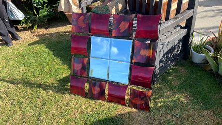 Decorative Wall Mirror with Red Glass Border