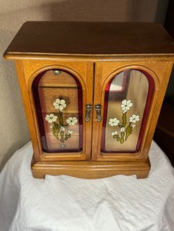 Wooden Jewelry Armoire with Stained Glass Doors