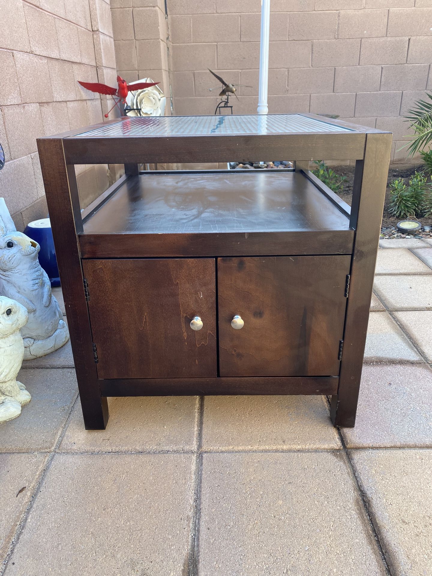 Wood End Table Cabinet Storage Nightstand Pass Thru Style Glass by Bassett Furniture