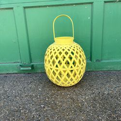 Great Bright Yellow Wooden Woven Lantern Candle Holder Vintage