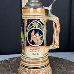 Vintage German Lidded Beer Stein Hunting Scene Relief Ceramic Pewter Lid