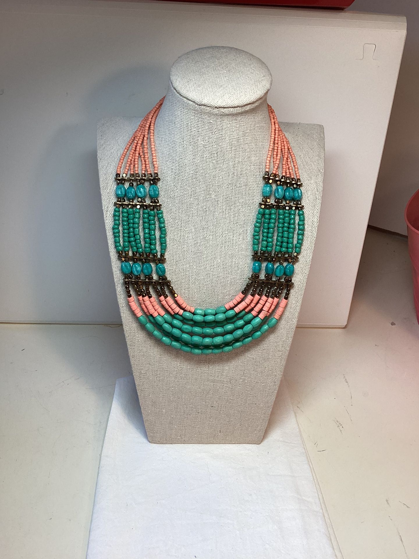 Beautiful Coral And Turquoise Colored Multi Strand Bead Necklace