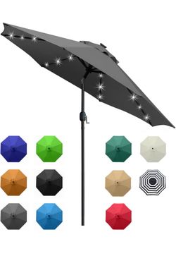Sunnyglade 9' Solar LED Patio Umbrella, 8 Ribs, Tilt & Crank (Grey) 9Ft Patio Umbrella with 24 Led Lights, Fade-resistant Canopy for Patio, Garden, Ba
