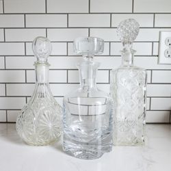 Three Glass Decanter Container Bottle Bar Barware Crystal