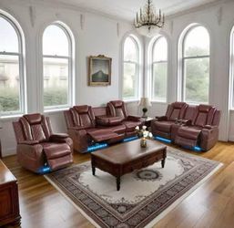 Power electric brown leather fully reclining three piece couch set