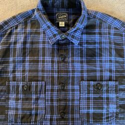 J Crew Size Medium Flannel Vintage Style Black & Blue Tartan Plaid Made 2016 😎