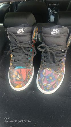 This is a Nike SB Dunk High Concepts "Stained Glass" sneaker, Jordan 2's
