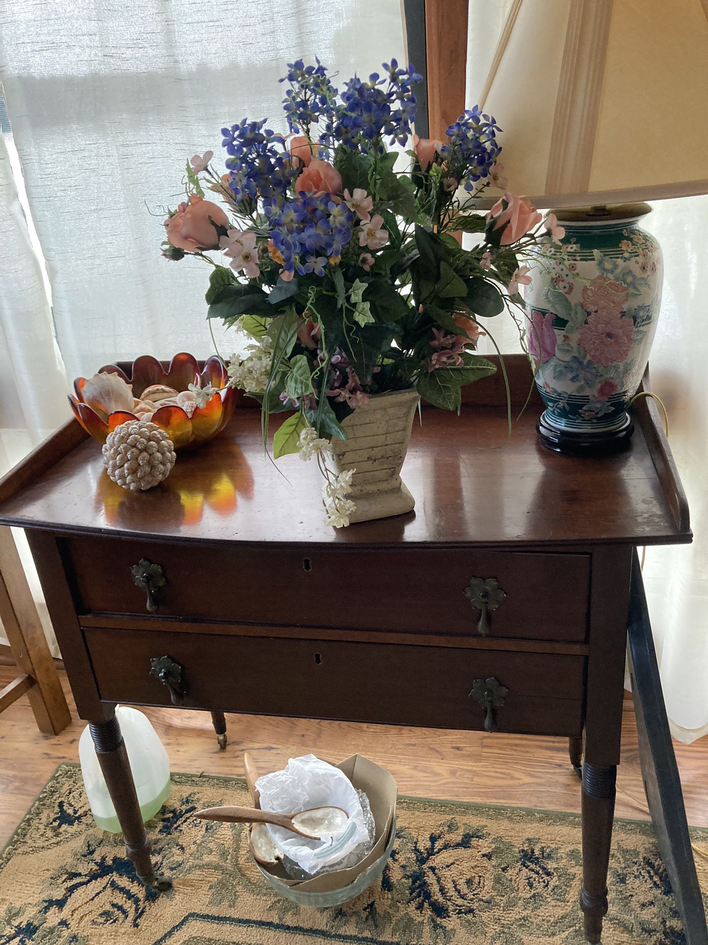 Antique Table. 2 Drawers Has 4 Little Wheels On Legs