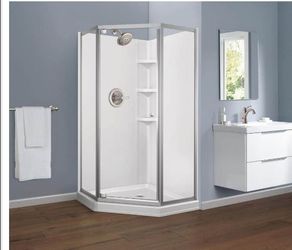 #6691 38 in. W x 74 in. Η Neo-Angle

Pivot Framed Corner Shower Enclosure in Chrome with

Clear Glas