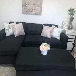 Brand New Black Linen Sectional Sofa +Ottoman (New In Box) 