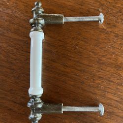 5, 3” Vintage Brass And Porcelain Cabinet Pulls- MCM pull 