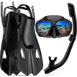 3 in 1 Snorkel Set with Panoramic View Diving Mask Anti-Fog Anti-Leak, Snorkel Mask Dry Top Snorkel Fins for Swimming, Snorkeling and Travel Diving