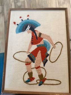 Vintage Crewel Embroidery Native American Wall Hangings