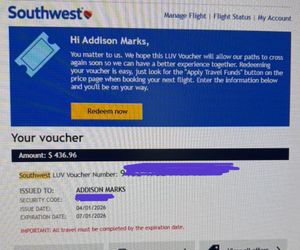Southwest Airlines Voucher $436. Selling for $350