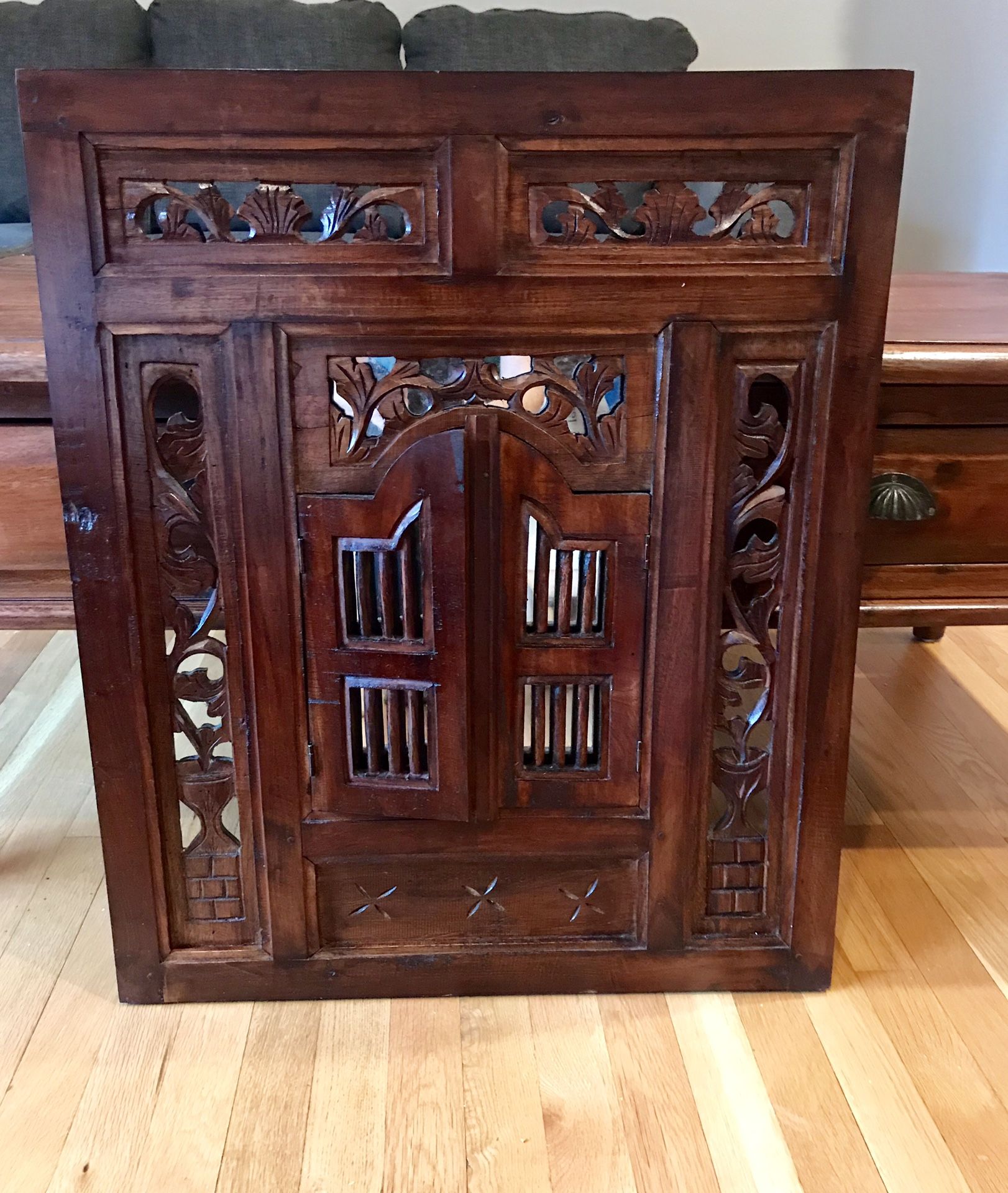 Decorative Carved Wood Wall Hanging with Mirror