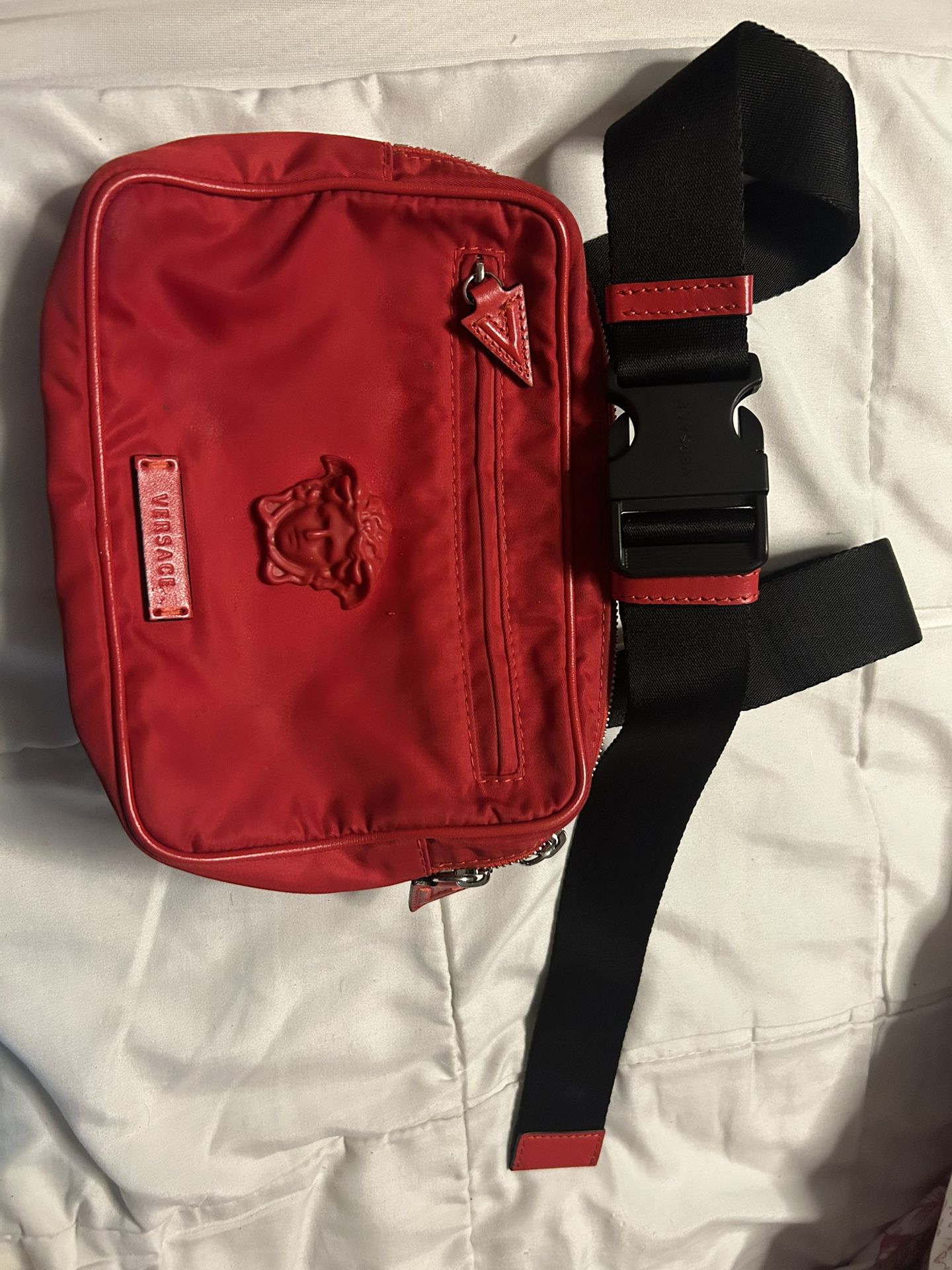 Unused VERSACE Waist Bag Body Bag Crossbody Shoulder Logo Nylon Red