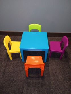 Blue Table w/4 Multi Colored Chairs for Children