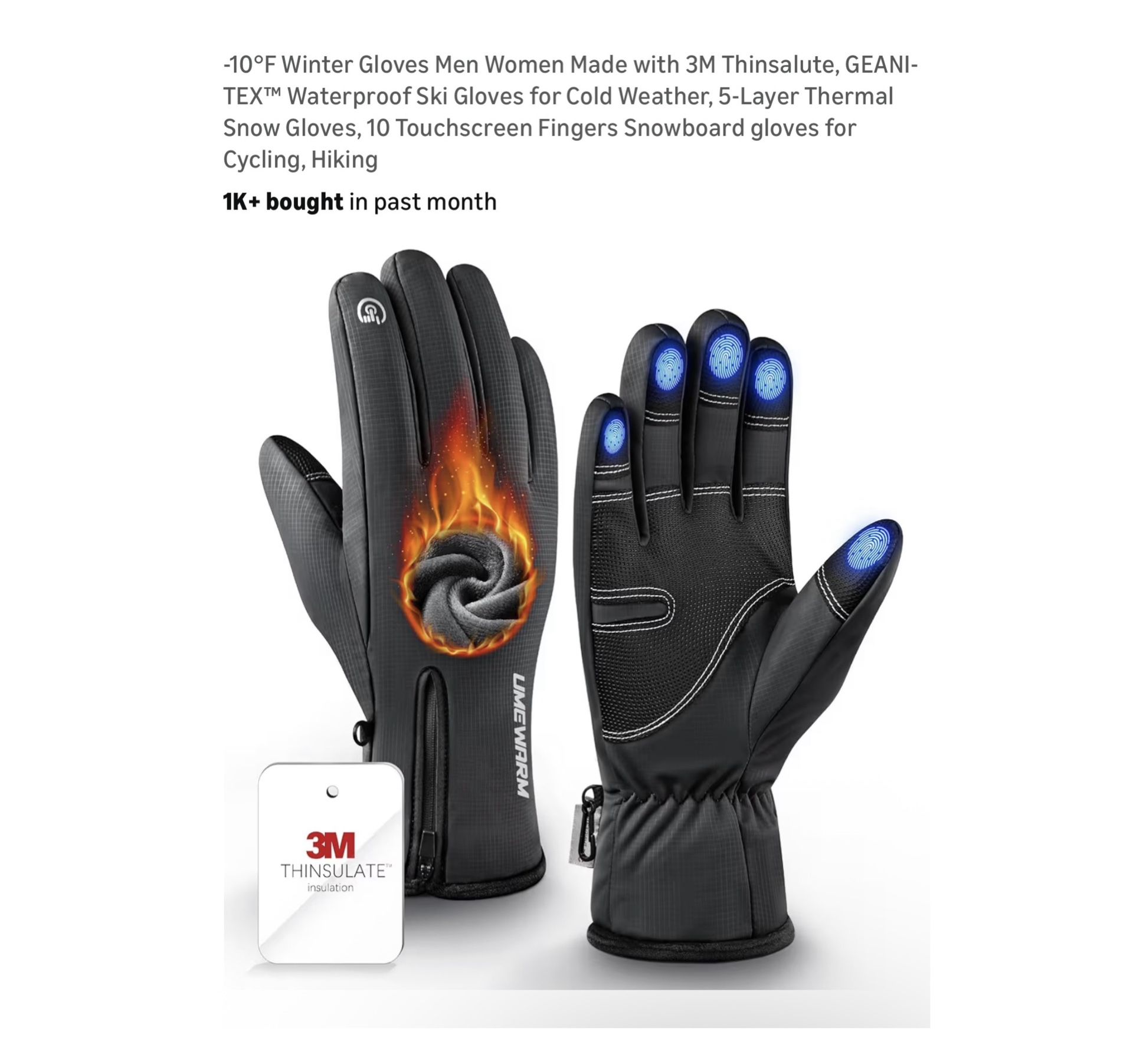 Brand new size L -10°F Winter Gloves Men Women Made with 3M Thinsalute, GEANI-TEX™ Waterproof Ski Gloves for Cold Weather, 5-Layer Thermal Snow Gloves