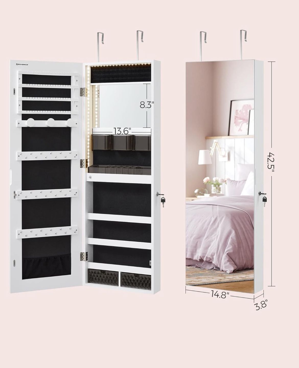 SONGMICS Mirror Jewelry Cabinet Armoire Organizer Wall Full-Length Frameless Lighted - White  