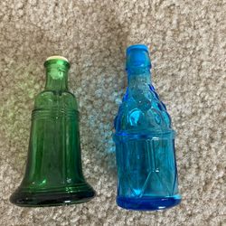 Vintage Wheaton Blue Glass American Bitters & Green Glass Liberty Bell Salt & Pepper Shaker