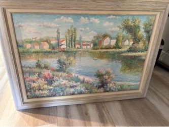 Large Vintage “Hermann” Impressionist Painting – River Village Landscape – OBO