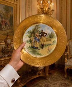 Original Vintage Fine Art Porcelain 10” Plate LADY RENEE 22k GOLD Osborne Studio of Chicago Suitor Gentleman Display Motif Cabinet Decor HILLCREST