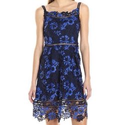 Navy Blue Floral Lace Lace Sleeveless Above Knee Mini Dress