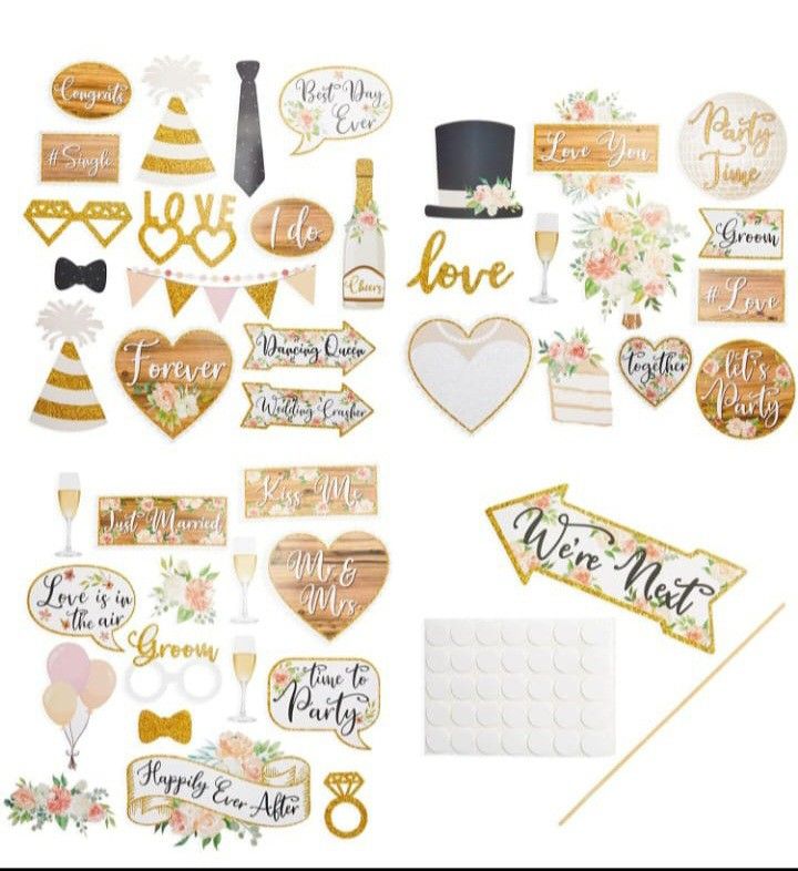 Wedding party photo booth props.
70 pieces