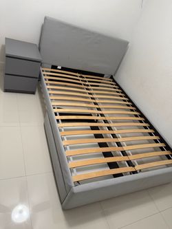 Gray Upholstered Bed Frame with Slatted Base