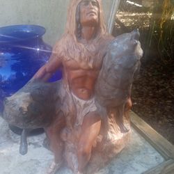 Ceramic Sculpture Native American With Two Wolves $5 Pick Up Today In Milton I Am Near Skate World.