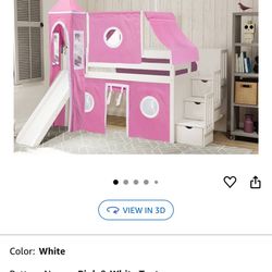 Princess Low Loft Stairway Bed with Slide Pink & White Tent and Tower, Loft Bed, Twin, White 