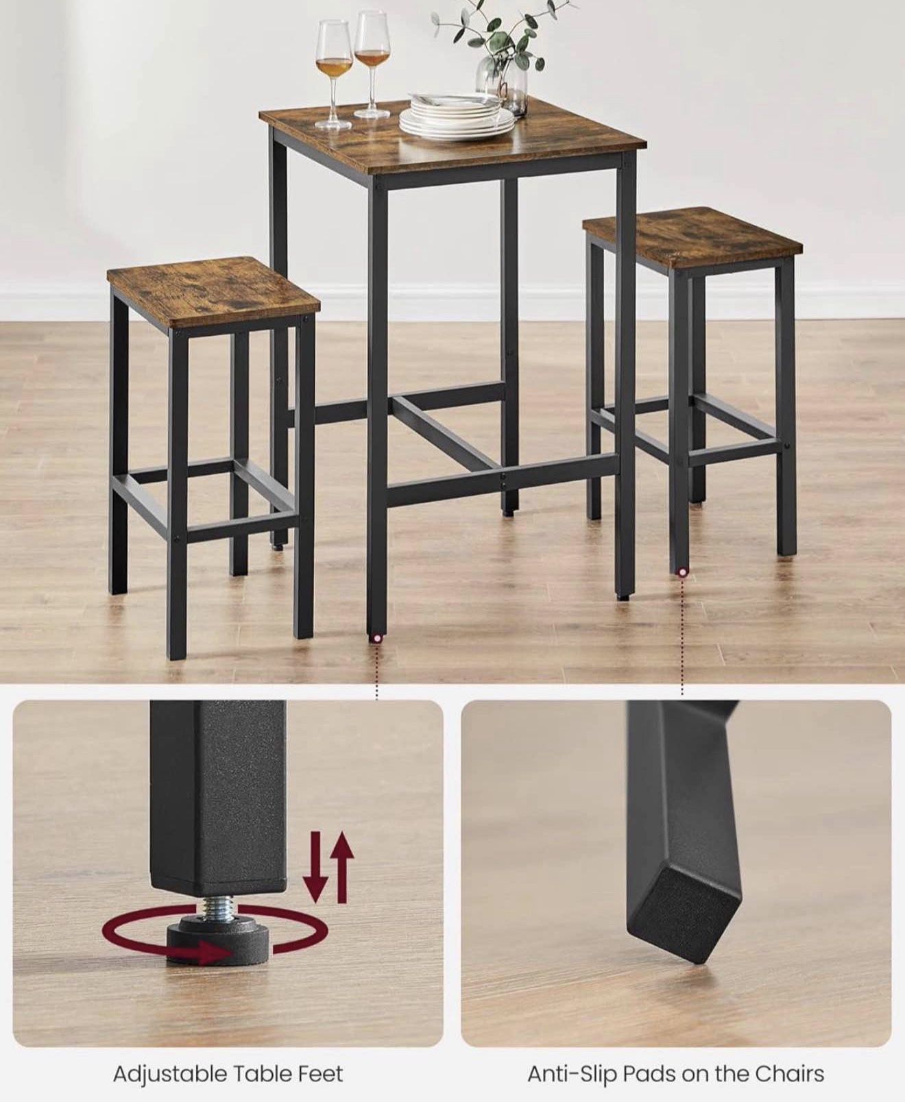 Bar Table and Chairs Set, Square Table with 2 Stools, Dining Pub Set for 2, Space Saving for Kitchen Breakfast, Living Room, Party Room, R