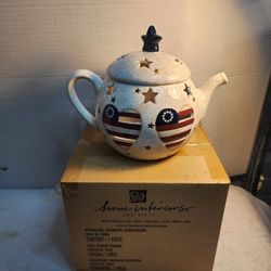 NEW VINTAGE Home Interiors Americana Teapot Candle Cover Shade Stars Stripes 7"