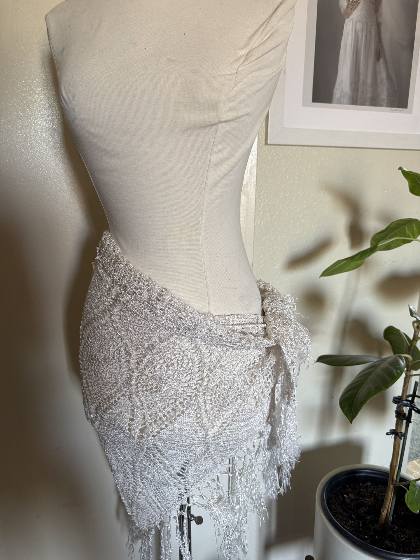 Vintage Lace White fringe beaded Crochet shawl sarong Skirt wrap Burning Man Festival