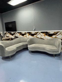 2 Tufted Gray Velvet Sofas