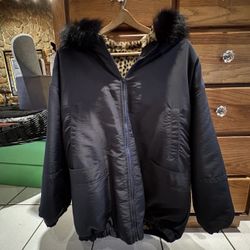 Vintage Black Hooded Coat with Faux Leopard Fur Inside and Faux Fur Trim on Hood