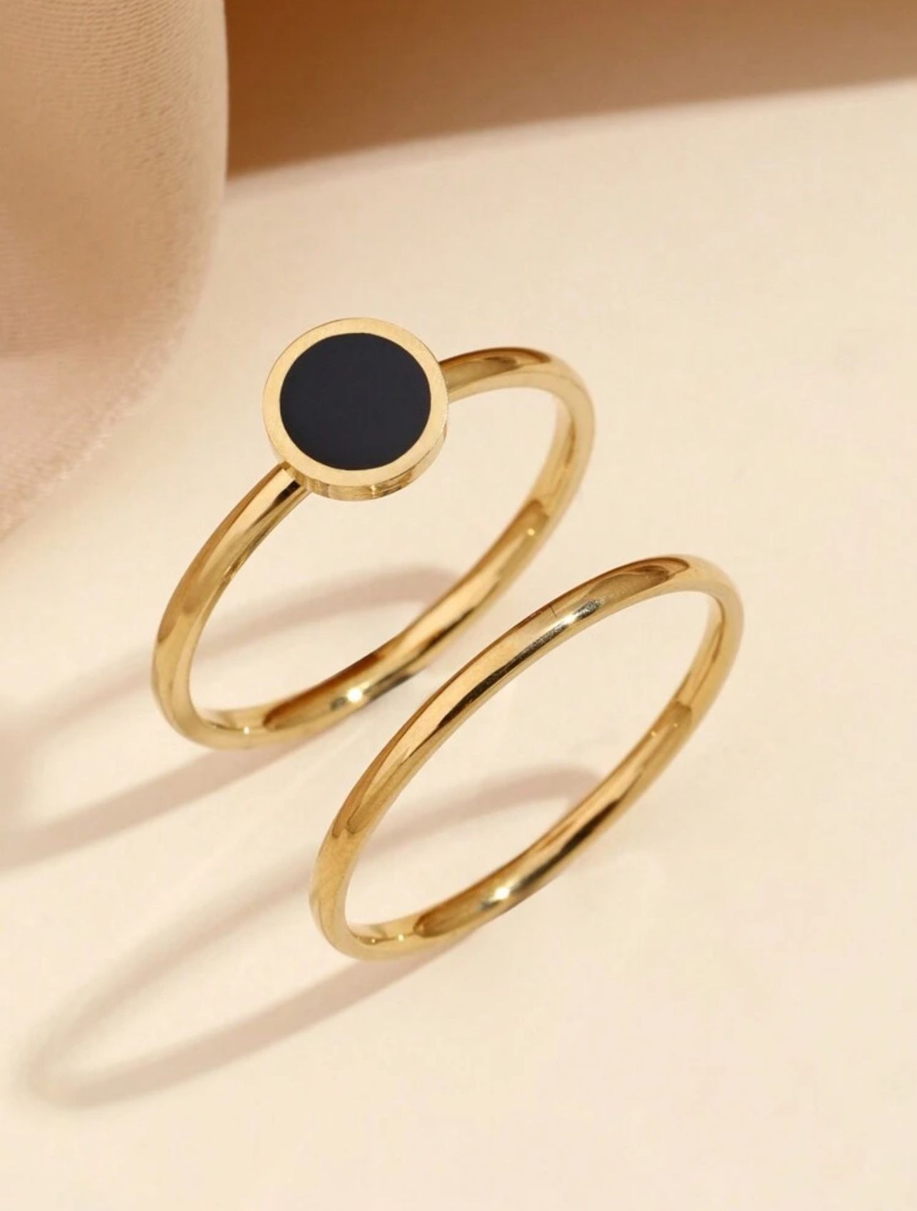 2pcs Stainless Steel Fashionable And Simple Style Ladies Black Plate Various Shapes With Plain Ring Set, Suitable For Ladies To Wear Daily Or Give As