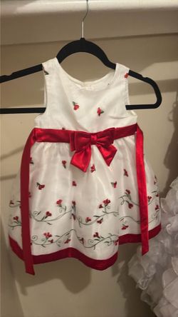 Girls White Floral Holiday Dress with Red Bow