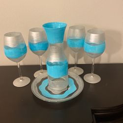 4 Hand Painted Wine Glasses, Carafe And Plate